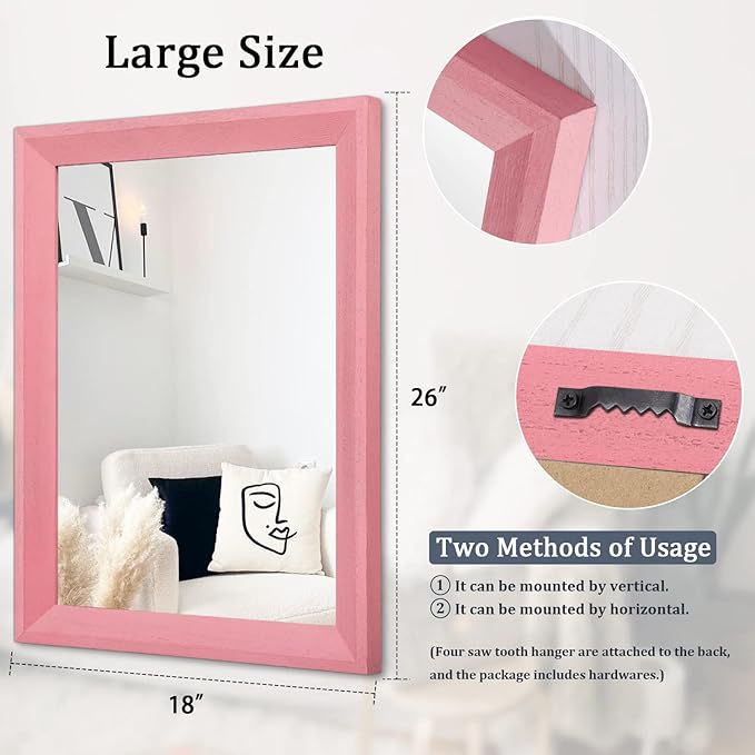 AAZZKANG Rectangle Mirror with Wood Frame Modern Farmhouse Wall Mirrors Decor Large 26"x18" for Bedroom Bathroom Living Room Pink