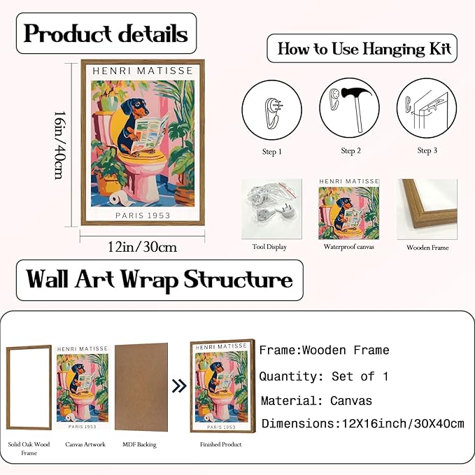 Funny Dachshund Bathroom Wall Art Henri Matisse Dog Bathroom Wall Decor Picture, Cute Puppy Animal Reading Newspaper in Toilet Poster Painting Canvas Print 12x16 inch Wood Framed