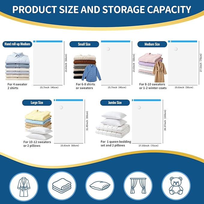 Vacuum Storage Bags with Electric Pump, 12 Pack (2 Roll-Up,3 Small,3 Medium,2 Large,2 Jumbo), Heavy Duty PA+PE Space Saver Bags for Clothes, Bedding, Home & Travel