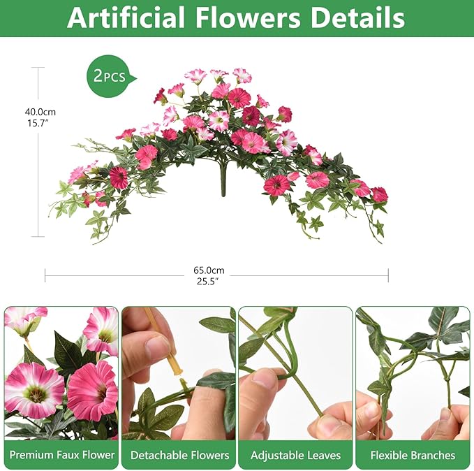 Artificial Fake Flowers Plants for Outdoors Spring Decoration, 2Pcs Faux Petunias with Greenery UV Resistant No Fade, Realistic Silk Flower for Outside Patio Planters Front Porch Window (Rose Red)