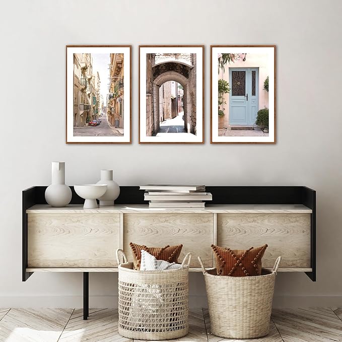 KAlRNE Vintage Cityscape Framed Canvas Painting Set of 3(16”X24”),European Street Scenery Wall Decor,Framed Rustic Mediterranean Wall art,Texture Alleyway Beige Art Prints For Living Room Bedroom