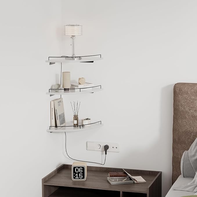 JJL Corner Shelf Wall Mounted, 12 Inches 3-Tier Floating Corner Shelf, Fan-Shaped Rustic Wood Decor with Fence, White Floating Shelves for Apartment Bedroom Kitchen Bathroom