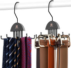 ZEDODIER 2 Pack Tie Hanger & Belt Organizer, Rotatable Tie Rack Space Saving Tie Holder with 16 Adjustable Hooks for Closet Organizers and Storage, Sturdy Belt & Tie Collection Storage, Black
