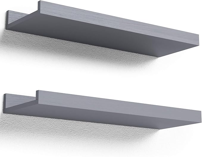 Boswillon Floating Shelves for Wall, Wall Shelves Set of 2, Bedroom Shelves with Lip, Display Picture Ledge Shelf for Wall Decor Bedroom Living Room Bathroom Kitchen - Grey
