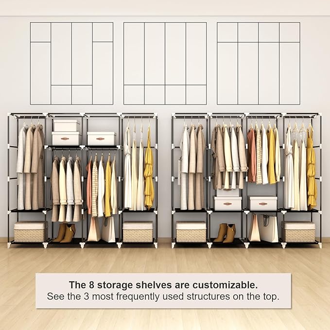 67 Inch Portable Closet Wardrobe for Hanging Clothes, Wardrobe Closet with Cover, 4 Hanging Rods and Side Pockets, 8 Storage Shelves, Large Clothes Organizer for Bedroom, Living Room, Black