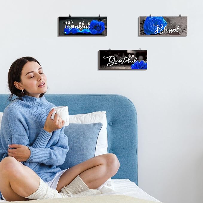 Hillban 3 Pieces Rose Wooden Wall Decor Rose Bathroom Decor Thankful Grateful Blessed Accessories Inspirational Wall Art Signs for Living Room Kitchen Wedding(16 x 6 Inch,Blue)