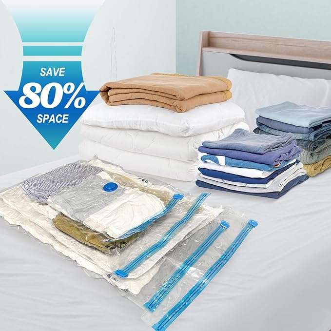 Vacuum Storage Bags with Hand Pump, Plastic Packaging Bags, 80% Space Saver Vacuum Seal Bags for Clothing, Travel Lugggage, Blankets, Comforters, 16 Combo