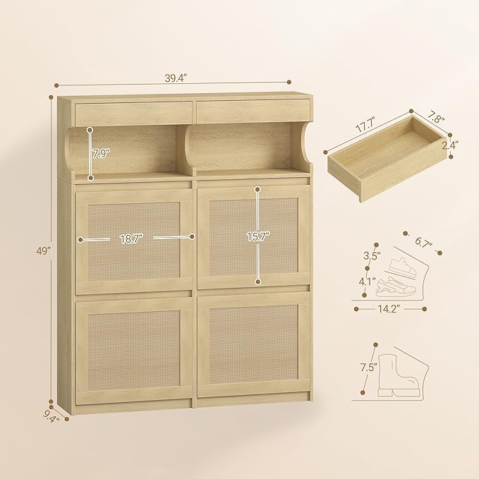 Shoe Cabinet with 4 Flip Drawers & 2 Top Drawers, Narrow Hidden Shoe Storage Cabinet for Entryway, Freestanding Shoes Organizer with Storage Space, 16-20 Pairs, for Hallway, Rattan SR57602Y