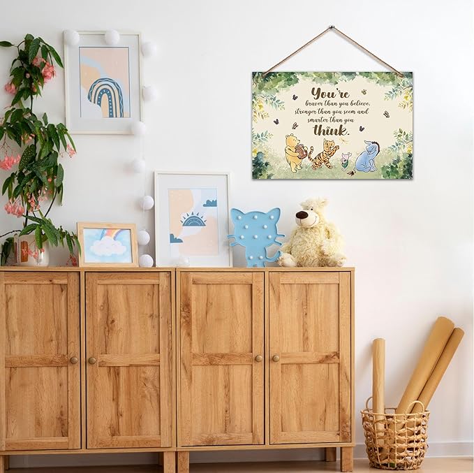 Hatzelou 1PCS Winnie Quotes Baby Shower Sign, the Pooh Wall Hanging Sign, You're Braver Than You Believe Wall Gifts, Perfect for Nursery Home Bedroom, Baby Shower Party Supplies