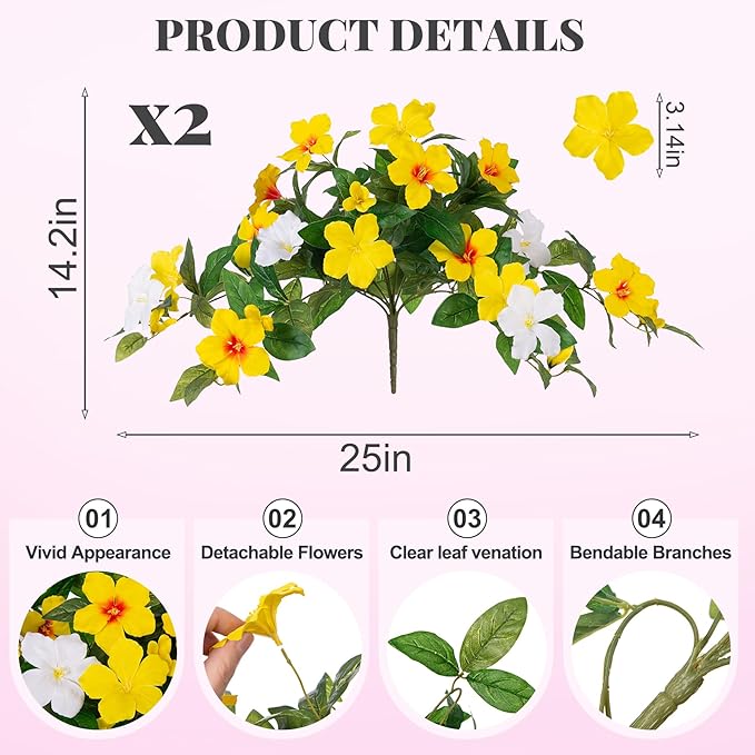 Artificial Hanging Faux Flowers for Outdoors Planters 2PCS Fake Flowers Silk Hibiscus Flowers for Outside Outdoor Faux Hanging Plants UV Resistant Spring Home Front Porch Decoration