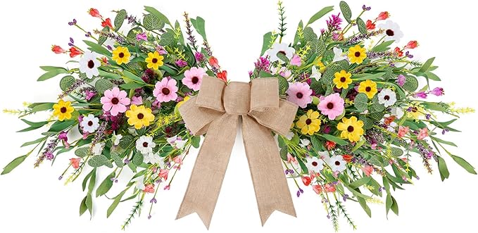24inch Floral Swag Artificial Spring Lavender Daisy Swag with Wildflower Wisteria Front Door Twigs Leaves Flower Decorative Swag for Farmhouse Wedding Arch Party Wall Home Indoor Outdoor Holiday Decor