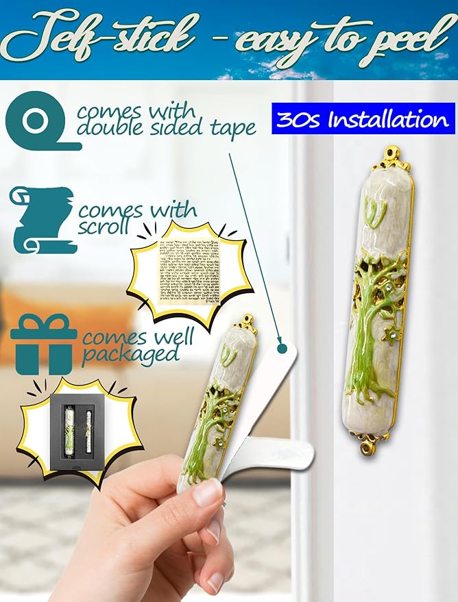 Exquisite Enamel Design Mezuzah with Scroll, Easy Install Use Double-Sided Tape, Tree of Life Theme Mezuzah for Door with Crystal Diamond Accent for Any Memorable Jewish Occasions, 3.8”