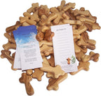 Holy Land Market 100 Olive Wood Pocket Crosses - 2.5 Inch Handmade Jerusalem Crucifix | Christian Gifts with Certificates & Lord Prayer Card | 100 Holy Land Olive Wood Crosses