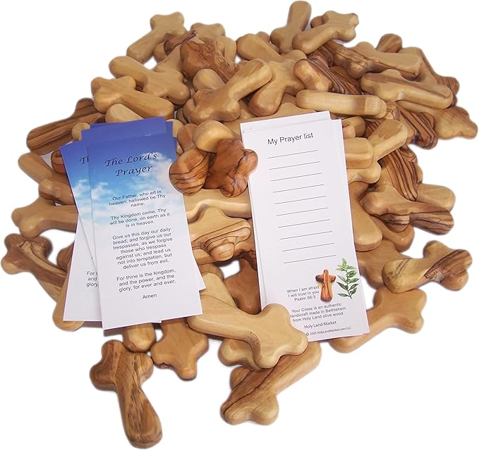 Holy Land Market 100 Olive Wood Pocket Crosses - 2.5 Inch Handmade Jerusalem Crucifix | Christian Gifts with Certificates & Lord Prayer Card | 100 Holy Land Olive Wood Crosses