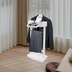 Suit Valet Stand for Men and Women, Wood Suit Stands Butler Clothing Rack, Floor Standing Clothes Valet with Drawer, Top Tray, Contour Hanger, Trouser Bar, Belt Hooks & Shoe Rack (White)