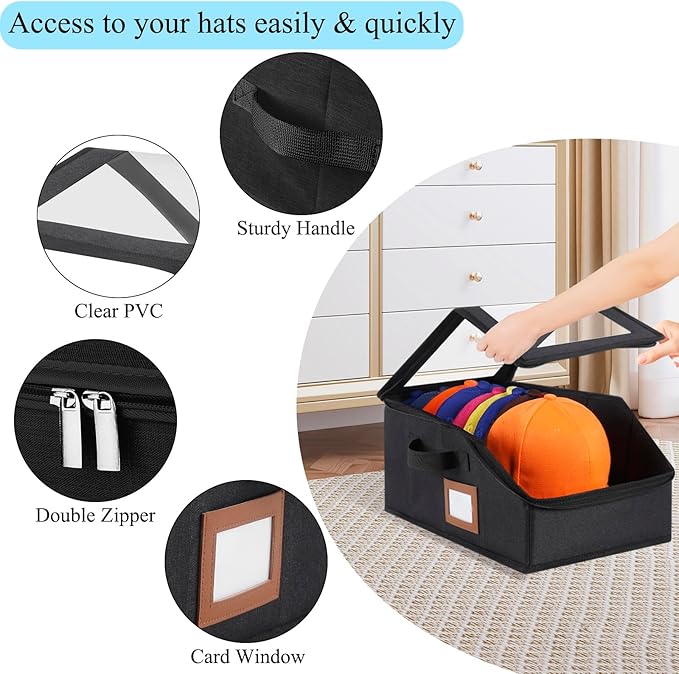 2 Pack Hat Storage for Baseball Caps-Holds Up to 28 Caps, Hat Organizer for Closet Stackable Hat Box with Cardboard, Dust-proof Beanie organizer with 2 Handles for Home Travel (Black, 2Pack-Small)