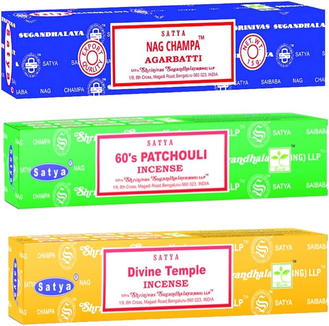 Satya Holistic Mix Incense Sticks 3-Pack Assortment | Slow-Burning, Long-Lasting Nag Champa, 60's Patchouli & Divine Temple (15g Each)