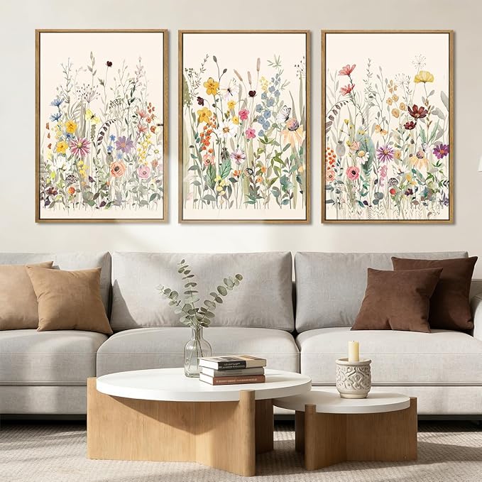 BINCUE Large Framed Floral Canvas Wall Art Colorful Wildflower Pictures Wall Decor Wildflower Artwork Flowers Pictures Floral Home Decor for Living Room Bedroom Office Farmhouse 16x24 Inches Set of 3 Gift
