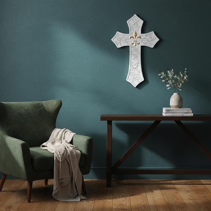 TRENDIN Gold Cross for Wall, Rustic Wooden Cross with Fleur de Lis, Decorative Hanging Christian Wall Art for Home, Living Room, or Bedroom, Distressed White