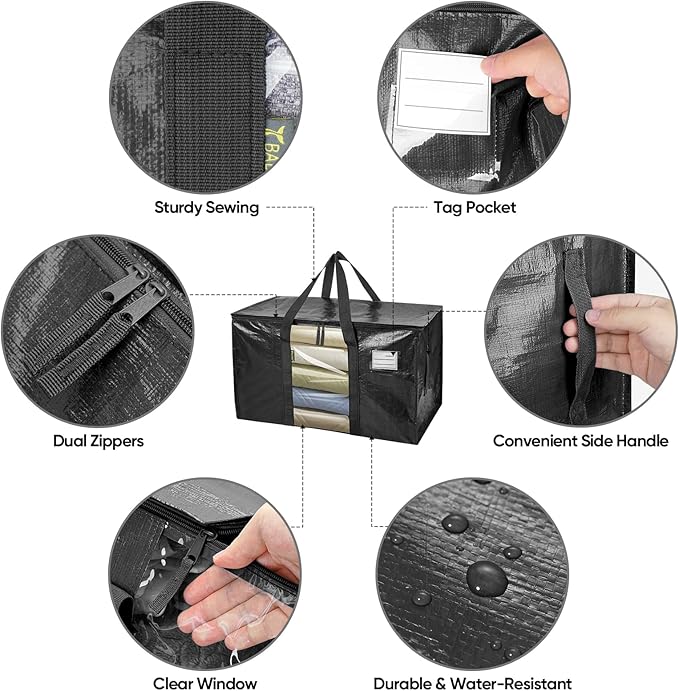 BALEINE 8-Pack Oversized Moving Bags with Reinforced Handles, Heavy-Duty Storage Tote Moving Supplies for Packaging, Camping (Black w/Window, 8-Pack)