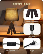Tripod Table Lamp, 14.6" Small Bedside Lamp, Modern Nightstand Lamp with Black Shade & Dark Walnut Base, Black Table Lamp for Bedroom, Kids Room, Living Room, Study, E26 Socket, VB51TL05