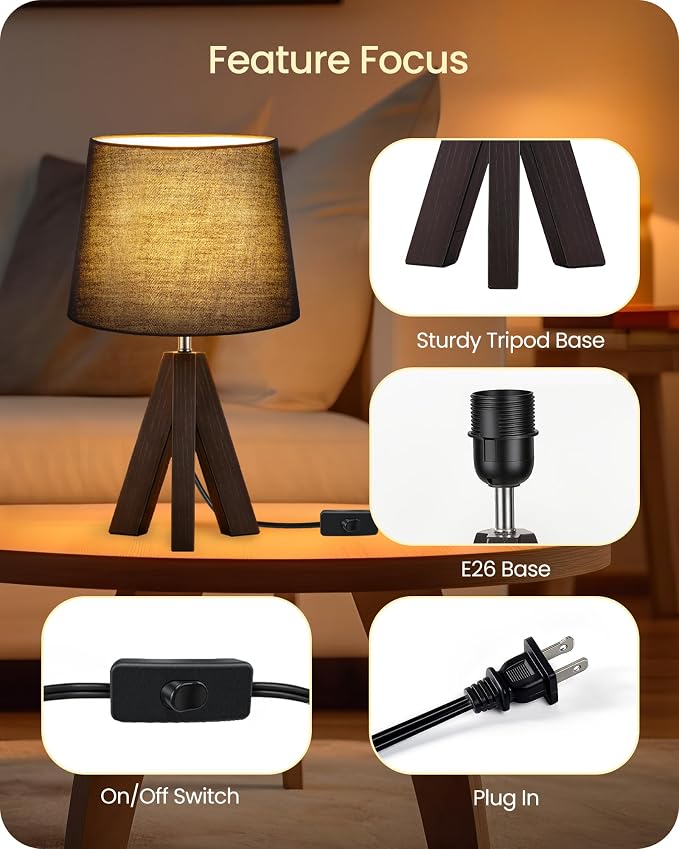Tripod Table Lamp, 14.6" Small Bedside Lamp, Modern Nightstand Lamp with Black Shade & Dark Walnut Base, Black Table Lamp for Bedroom, Kids Room, Living Room, Study, E26 Socket, VB51TL05