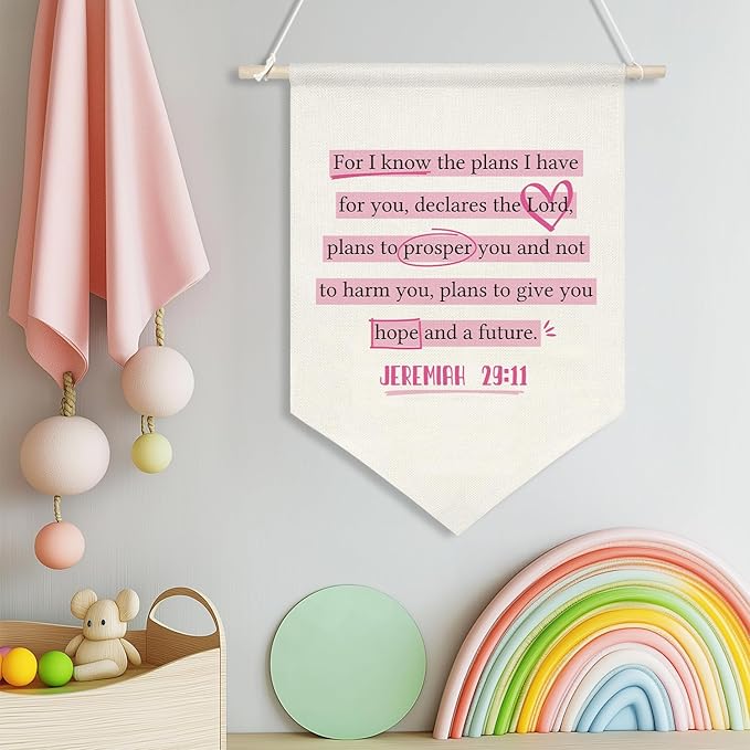 Christian Banner Decor,Inspirational Bible Verse Canvas Flag Banner,Positive Christ Wall Art Poster for Playroom Nursery,Kids Room Decor 11x16 Inch(KD15)