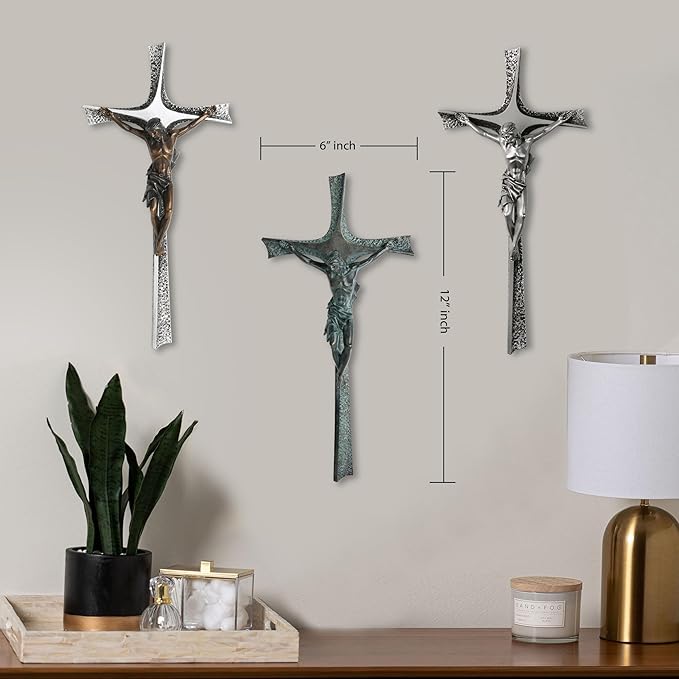 ShineOnAngel Crucifix Wall Cross, 12 Inch Silver Color Durable Resin Wall Crucifix Modern Home Decor, Hand Painted Antique Style Jesus Cross for Wall Religious Housewarming Gifts