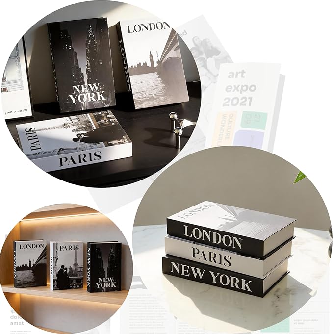 3 PCS Faux Decorative Books for Home Decor-Coffee Table Books Decor-Aesthetic Fake/Faux Books for Decoration,libros Decoration for Coffee Table, Shelf Accessories (3-Paris London Newyork kiss)