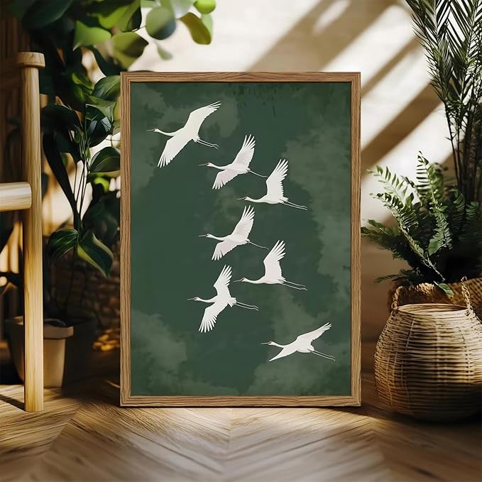 Framed Japanese Flying Cranes Wall Art, Vintage Bird Pictures Wall Decor Paintings, Rustic Nature Animal Canvas Prints Minimalist Home Decor for Living Room Bedroom Office 16x24 inch