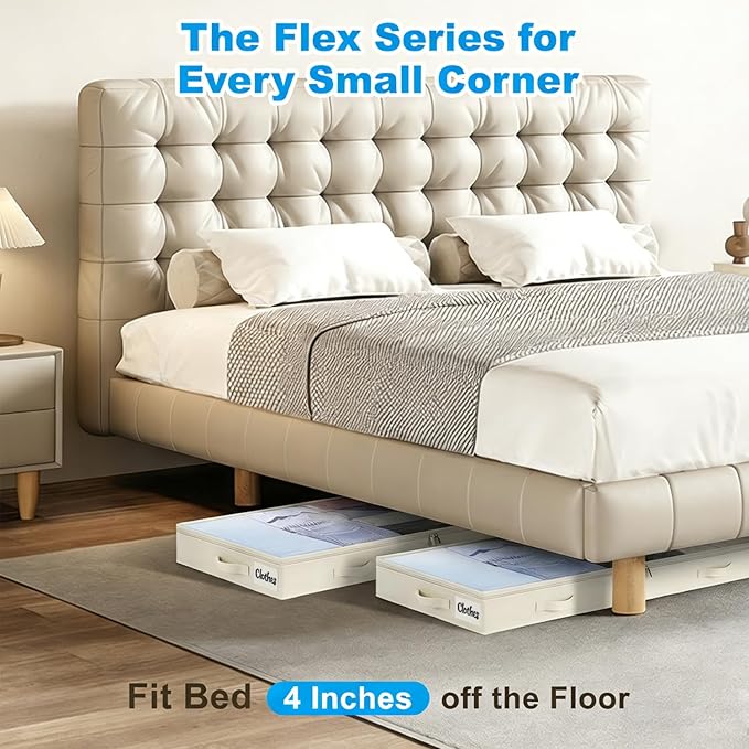 4 Inch Low Profile Under Bed Storage Drawer 2 Pack, Lightweight Underbed Clothes Storage Container Bins with NO STURCTURE, Shallow Storage Bag for Dorm & Home, With Clear Lids & Water-Resistant Fabric