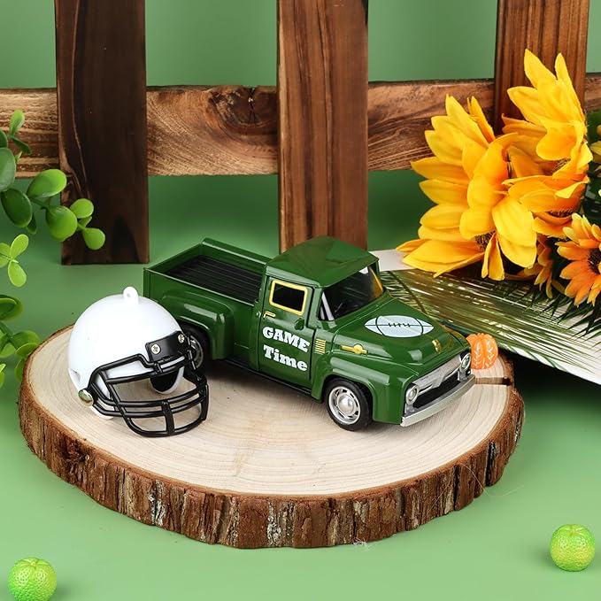 Football Metal Truck with White Football Helmet Farmhouse Vintage Green Truck Decor for Room Farm Metal Car Home Decors Mini Vintage Car Collectible Gift for Home Desk Bookshelf