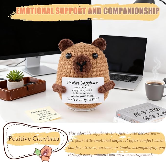 Emotional Support Capybara Positive Crochet Plush with Positive Messages for Adult Women Cute Pickle Office Decor Birthday Gifts for Best Friends (Capybara)