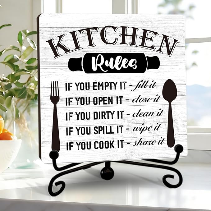 DETIHO Rustic Kitchen Sign Decor, Funny Kitchen Signs for Counter, Farmhouse Wooden Plaque With Iron Stand for Home Desk Shelf Decor - G04