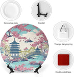Chinoiserie Pagoda White Coral Blue Asian Plates Ceramic of 6", 7", 9", 10", Custom Ceramic Salad Plates, Home Art Decoration Decorations Wedding, Unique Art with Stand