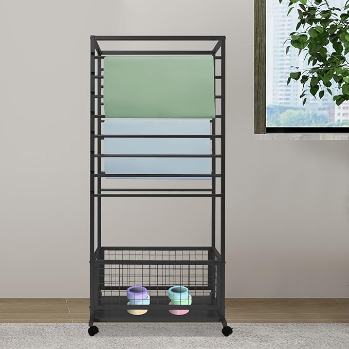 16-Layer Scarf Display Stand, Rolling Scarf Organizer Holder Hanging Rack with Wheels & Storage Basket for Retail Store Boutique Display Bedroom, W26.5*D16.9*H59in (Black)