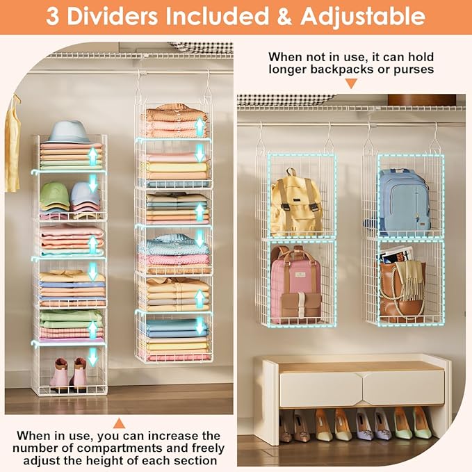 6 Tier Raised-Height Hanging Closet Organizer, Stackable Sweater Organizer for Closet, Wire Storage Basket Bins for Clothes Purse Shoes, Hanging Shelves with 4 Hooks & 3 Dividers Adjustable