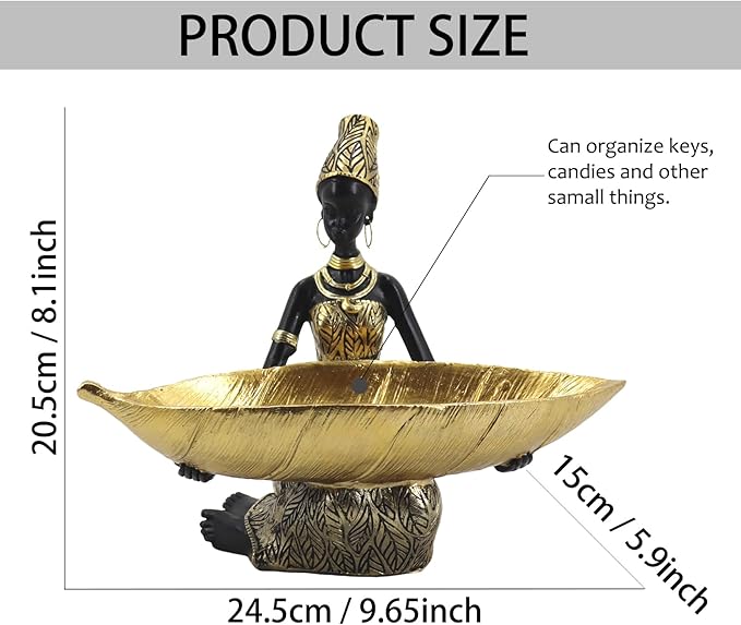 Lescafita African Woman Resin Tray Statue, Gold Leaf Decorative Sculpture, Handmade African Figurine Tray for Jewelry, Keys, Coins, Home Table Centerpiece Decor, Cultural Art Gift