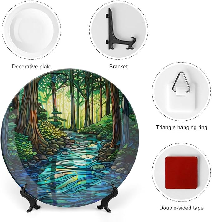 Stained Glass Theme Decorative Ceramic Plate Round Porcelain Plate,7 inch,Sunrise Forest Stream Pattern,for Decorative Ornaments Giving Plates, 1 Plate with 1 Display Stand,Green Blue Gold