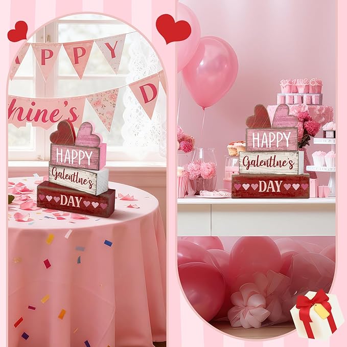 Yuntau 5 Pcs Happy Galentines Day Decorations Wooden Hearts Table Centerpiece Happy Galentines Day Party Table Sign for Valentines Tiered Tray Desk Mantle Shelf Decor