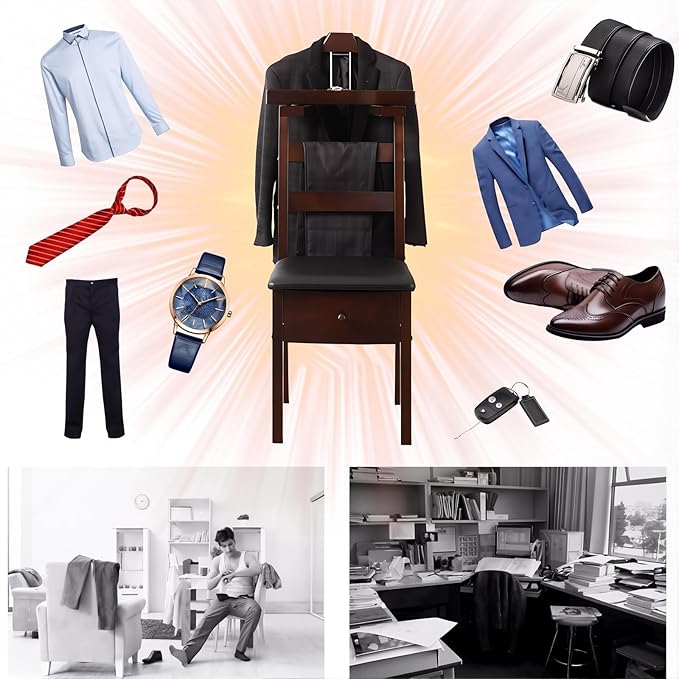Wooden Valet Chair With Drawer Contour Hanger Mens Suit Valet Stand Clothes Butler Freestanding Clothes Rack For Men Women For Living Room Entryway Office