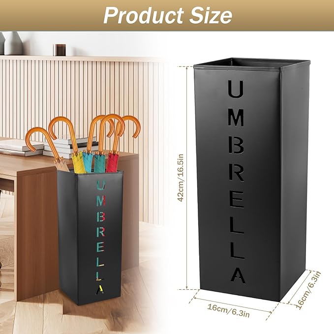 Metal Umbrella Holder, 16.5x6.3x6.3inch Square Free Standing Umbrella Rack Decorative Umbrella Holder Bin Multipurpose Walking Sticks Holder for Umbrella Cane Entryway Home Office (Style A)