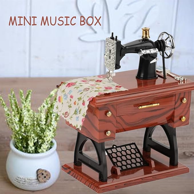Vintage Mini Sewing Machine Music Box, European Retro Classical Treadle Sewing Machine Table Desk Mechanical Clockwork Music Box for Home Decor Birthday Gift