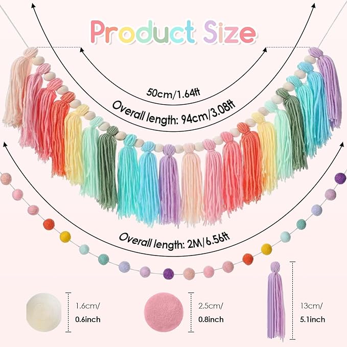 2pcs Boho Tassel Garland,Pom Pom Tassel,6.5 Feet Long 20 Balls Ball Garland,Colorful Wall Hanging Party Decorative Banner Pastel,Home Decoration Wedding Birthday Baby Shower