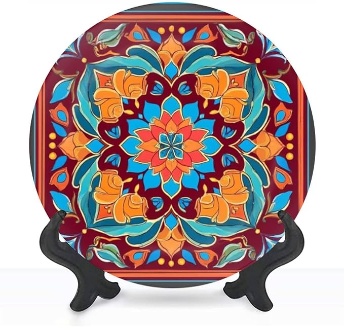 Decorative Plates for Display 10" Colorful Mediterranean Tile Floral Mandala Design Ceramic Ornament with Display Stand and Hook Up for Wall Decor Hanging Festival Wedding Gift