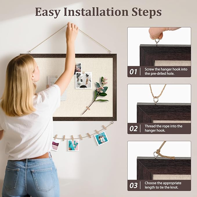 DOLLAR BOSS Bulletin Board with Linen 36'' x 24'' Wood Framed Cork Boards for Walls, Photo Display Pin Board, Decorative Corkboard for Office Home School Dorm Decor with 10 Pushpins, Dark Walnut