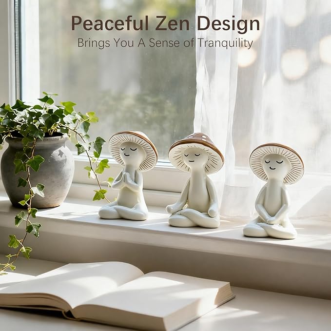Meditation Mushroom Resin Statues – Cute Yoga Mushroom Figurines for Desk, Home, Office & Garden Decor – Zen Resin Sculptures for Living Room, Patio, Tabletop & Backyard (3 Pack, Mushroom)