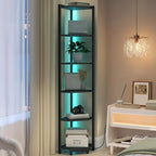 Hzuaneri Corner Shelf with LED Light, 6-Tier Corner Bookshelf, Tall Narrow Display Bookcase with Metal Frame, Standing Shelf for Small Space, Living Room, Home Office, Bedroom, Black CS66606B