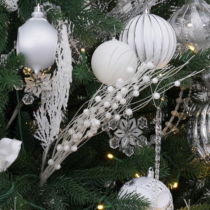 SLK 16-Pack Artificial Glitter Berry Stem Ornaments, Christmas Decorative Glittery Twigs, Picks, Branches for Tree, Wreath, Small Vase, Halloween Party (White)