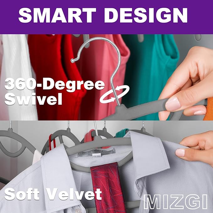 MIZGI Premium Velvet Hangers 50-Pack,No Shoulder Bump Hangers W/Tie Bar Ultra Thin Space Saving Non Slip Hanger Heavy Duty Felt Rounded Clothes Hanger for Sweaters,Coat,Jackets,Pants,Shirts